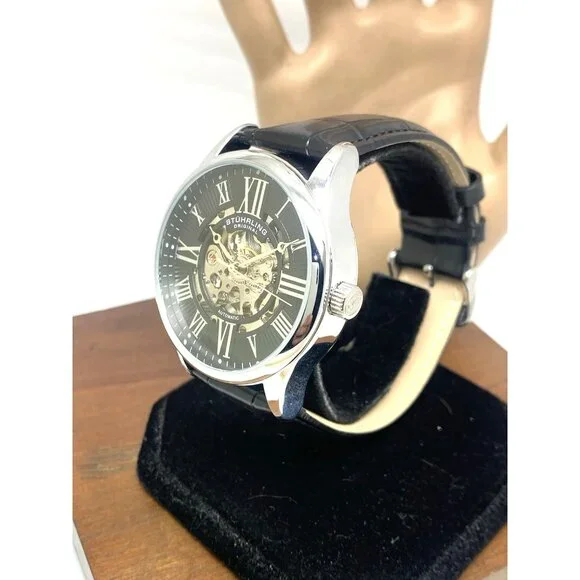 Stuhrling Mens Watch 3942 Automatic Skeleton Dial Silver Black Leather Band 42mm